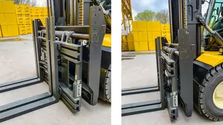 Two views of a mounted KAUP attachment with four forks in front of yellow-packed building materials