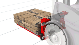 Graphic of a forklift truck with attachment and unpalletised, packed building materials as load