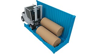 Graphic of a forklift truck loading a blue container with long cardboard rolls