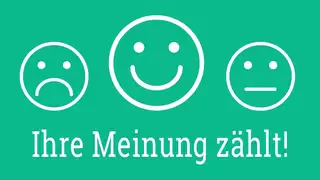 Drei Smileys, lächelnd, traurig und neutral schauend, mit der Aufschrift "Ihre Meinung zählt"