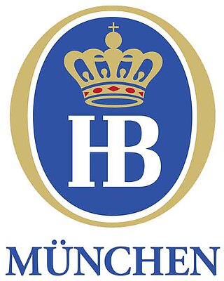 Logotipo de la "Hofbräuhaus München" con una corona dorada sobre fondo azul