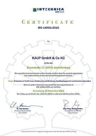 Certificat KAUP Système de gestion environnementale ISO:14001 (Version anglaise)