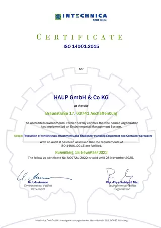 KAUP Zertifikat Umweltmanagementsystem ISO:14001 (englische Version)