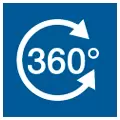 Quadratisches Icon mit kreisförmigem Pfeil und der mittig platzierten Aufschrift "360 Grad"