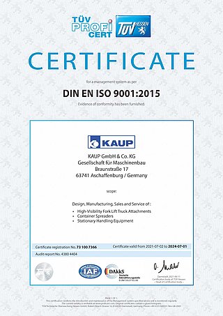Zertifikat Qualitätsmanagement ISO 9001:2015 (englische Version)