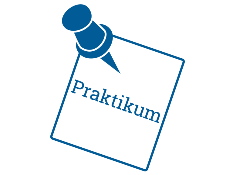 Icon mit einem blauen Post-It Zettel mit der Aufschrift "Praktikum" und einem Nadelpin