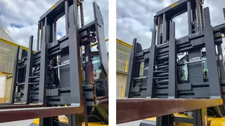 Two views of a forklift truck with fork in different positions as seen from a frog's perspective
