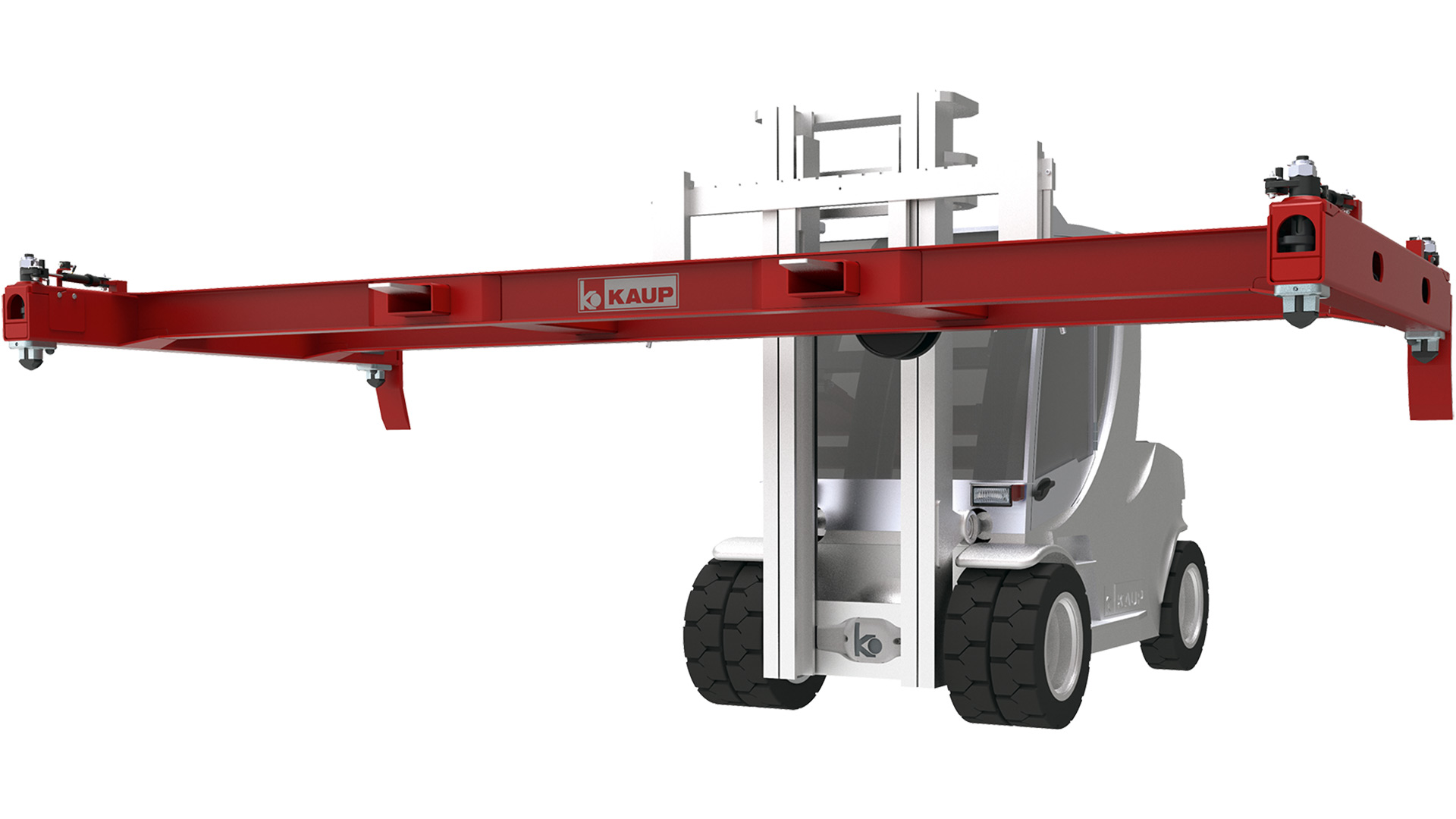 Graphic representation of a wide, red forklift attachment with the KAUP logo in the centre