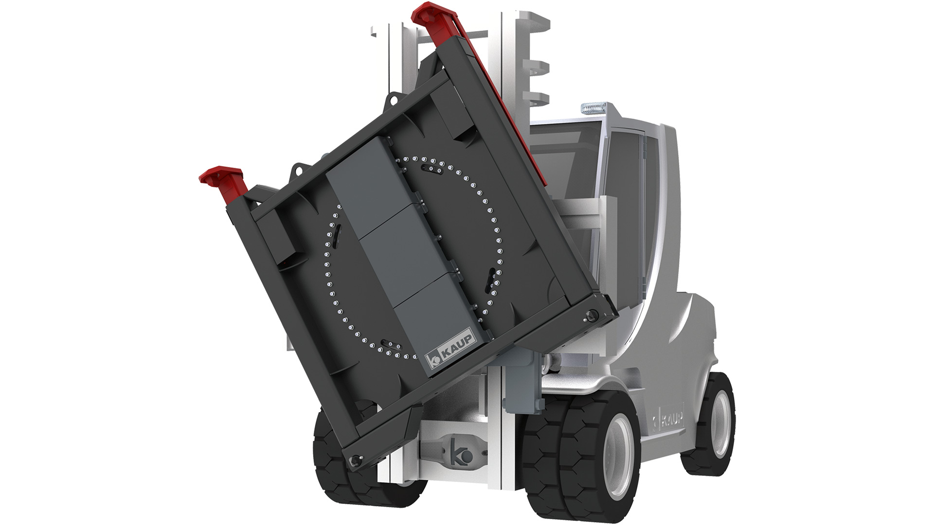 Graphic representation of a forklift truck with rotating, flat attachment and the KAUP logo