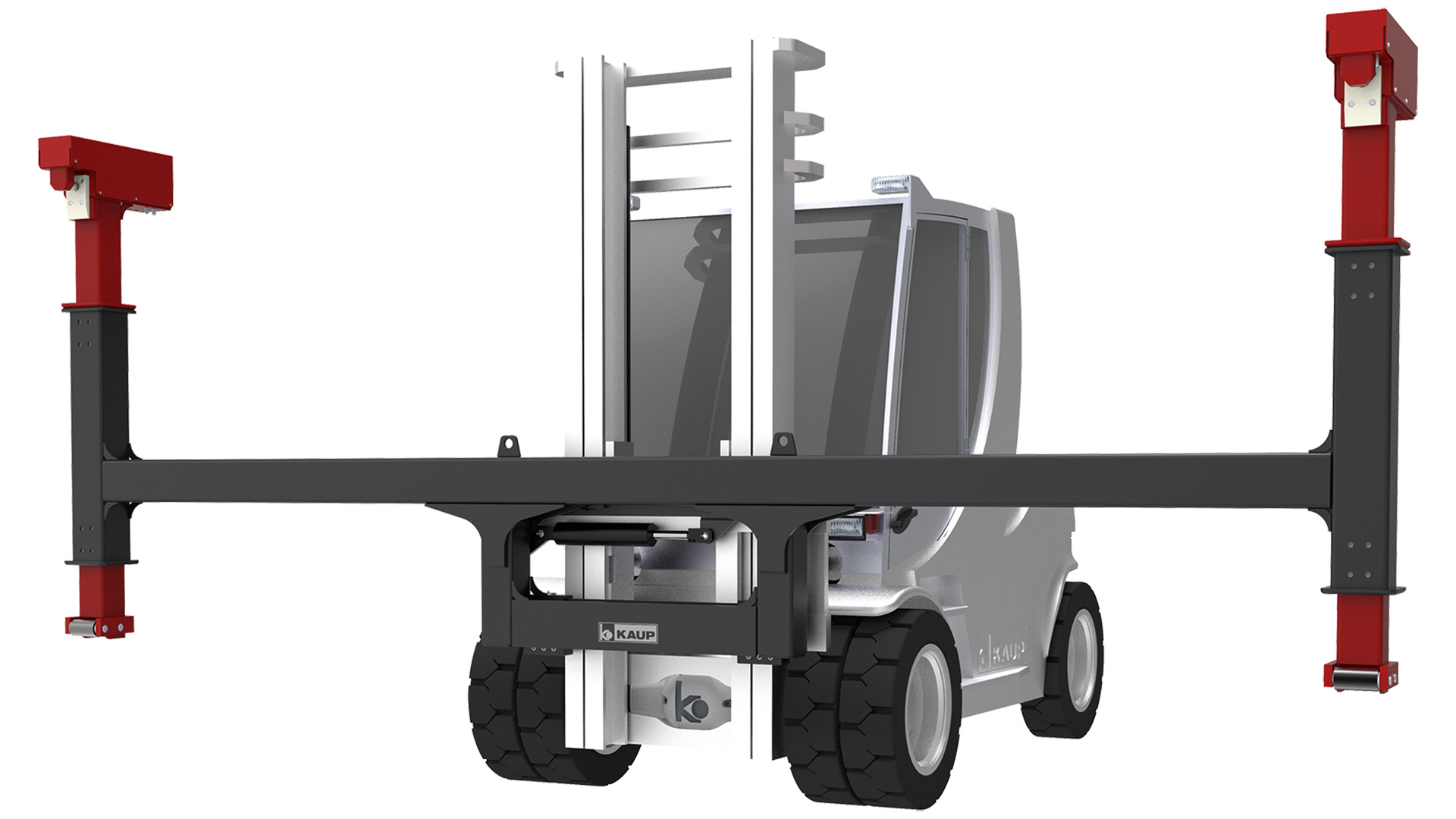 Forklift truck graphic with mounted wide spreader for containers and components highlighted in red