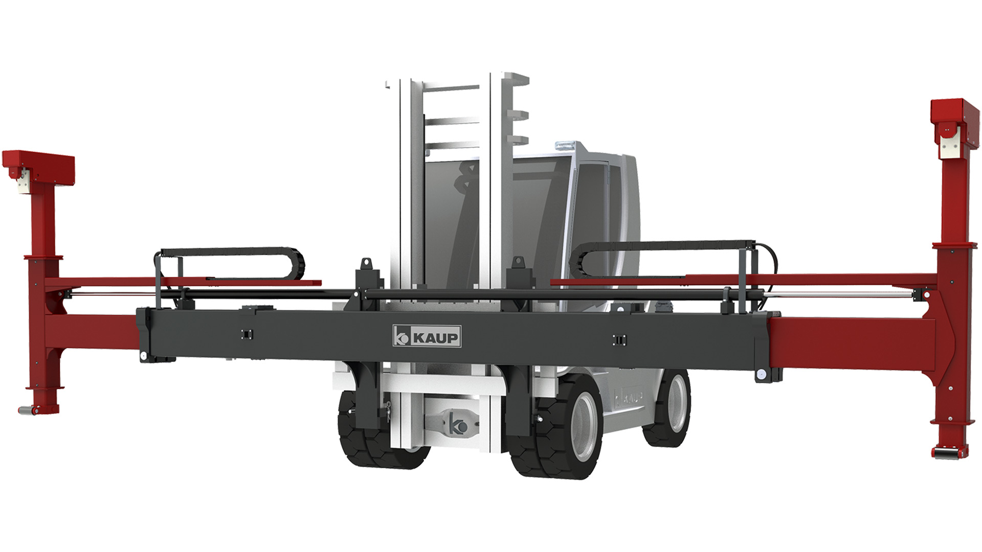 Illustration of a forklift truck with wide container clamp and components highlighted in red