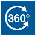 Square icon with a circular arrow and the centrally placed inscription "360 degrees"
