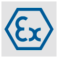 Icône carrée avec un hexagone bleu sur fond blanc et l'inscription "Ex" au centre