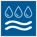 Icono cuadrado con tres gotas blancas y dos signos de onda blancos debajo sobre fondo azul