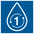 Blue icon with the white outline of a drop with two arrows and the number 1 in the middle