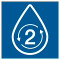 Blue icon with the white outline of a drop with two arrows and the number 2 in the middle