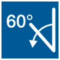 Icon mit klappbarer Staplergabel, einem abgerundeten Pfeil nach unten und der Aufschrift "60 Grad"
