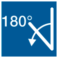 Icon mit der Aufschrift 180 Grad und der Seitenansicht einer Spannklammer mit einem Pfeil nach unten