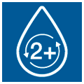Blue icon with the outline of a drop with two arrows and the inscription "2+" in the middle