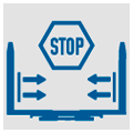 Icon with forks from above with several arrows pointing inwards and a stop sign above it