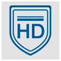 Quadratisches Icon mit dem blauen Umriss eines Wappens und den Buchstaben "HD" in der Mitte