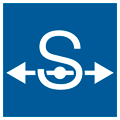 Icono cuadrado con una flecha blanca apuntando en dos direcciones y la letra "S"