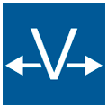 Blau-weißes Icon mit dem Buchstaben "V" im Zentrum und zwei Pfeilen nach links und rechts