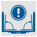 Icono cuadrado con horquilla azul, dos flechas y una señal de advertencia redonda encima