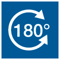 Blue icon with circular white arrow and the inscription 180 degrees in the middle