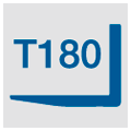 Icon with inscription T180 and blue image of a forklift fork on white background