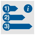 Icon with bar chart in the form of three blue arrows with info circle in the upper right corner