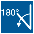 Icon with the inscription 180 degrees and the side view of a clamp with an arrow pointing downwards