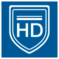 Square icon with the blue outline of a coat of arms and the letters "HD" in the centre
