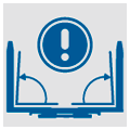 Square icon with blue bracket fork, two arrows and a round warning sign above it
