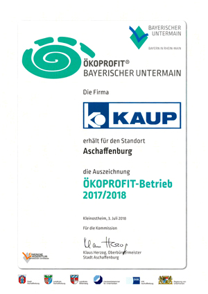 Das aktuelle "Öko-Profit"-Zertifikat von KAUP Das aktuelle "Öko-Profit"-Zertifikat von KAUP