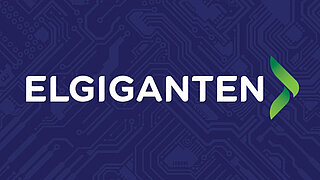 Logo of the company "Elgiganten" with white writing on a dark blue background