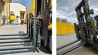 Two views of a forklift attachment, normal on the left and tilted on the right