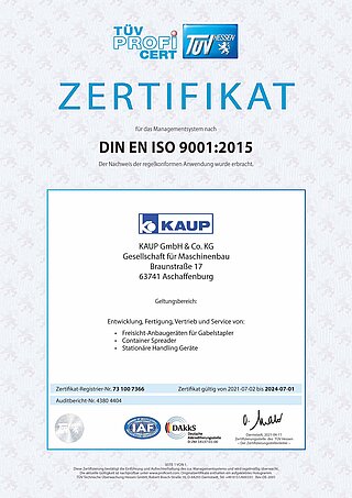 Zertifikat Qualitätsmanagement ISO 9001:2015