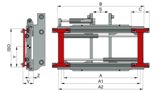 Ilustración etiquetada del posicionador de horquillas integrado con vista frontal y lateral