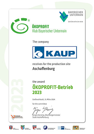 Zertifikat über die Auszeichnung von KAUP zum Öko-Profit Betrieb durch die Stadt Aschaffenburg