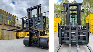 Two views of a yellow forklift truck on an outside area with an attachment at different heights