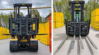 Two front views of a forklift truck with attachment from KAUP with different fork positions
