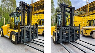 Two views of a construction machine with attachment in front of yellow-packed building materials