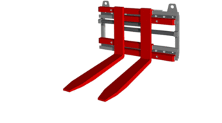 Animated representation of a retractable fork clamp with components highlighted in red