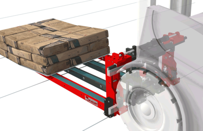 Illustration of an attached fork with four tines picking up building material packages