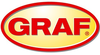 Logo of the company "Graf" with lettering in an ellipse with red border and yellow filling