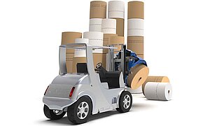 Silver-coloured forklift truck in front of stacked paper rolls with mounted rotating roll clamp
