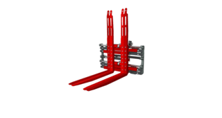 Illustration of a double pallet unit with components highlighted in red and two forks