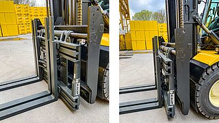 Two views of a mounted KAUP attachment with four forks in front of yellow-packed building materials