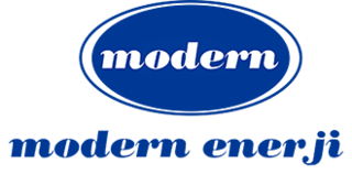 Logotipo de la empresa "Modern Enerji" con letras blancas sobre fondo elíptico azul